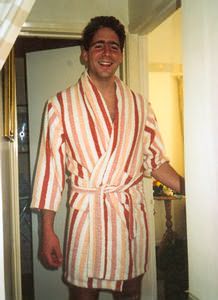 Ben looking especially attractive in his girlfriend's dressing gown. No! Stop! We can see yer nads!
